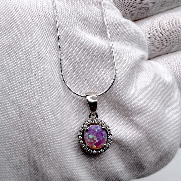Sterling Silver Halo Pink Fire Opal Cz Set - Picture 6 of 17